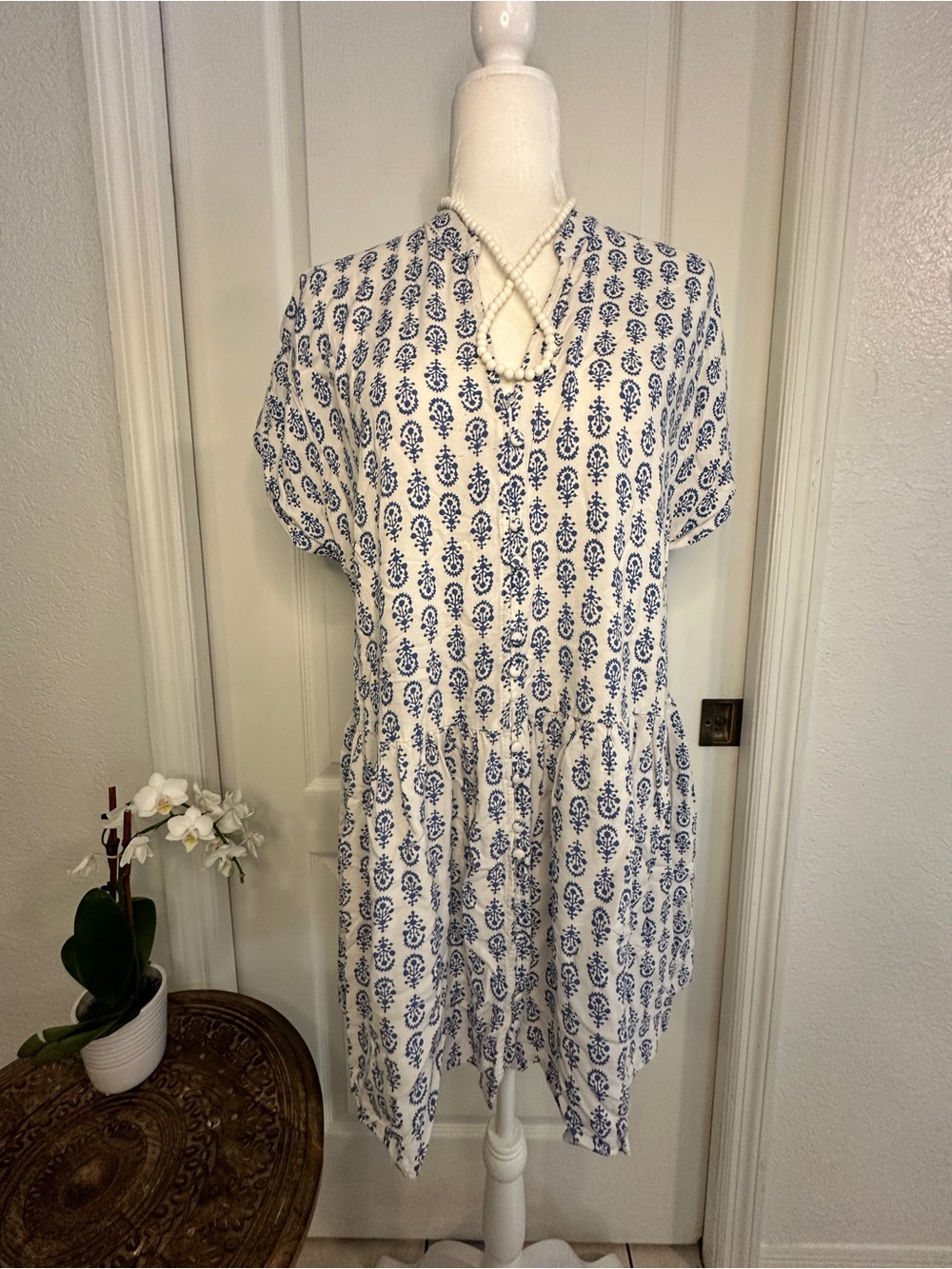 H&M Tunic Blue and White Medallion/Paisley Motif Dress (S)